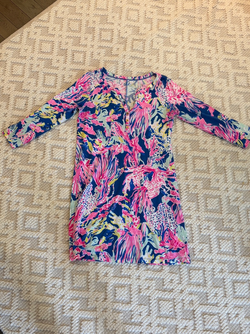 Lilly Pulitzer 100% Pima Cotton Pink Navy Floral V-Neck Dress